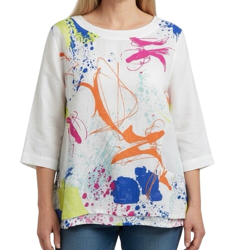 Ali Miles XL 100% LINEN White Pink Tropical Artsy Wearable Art Blouse Shirt Top